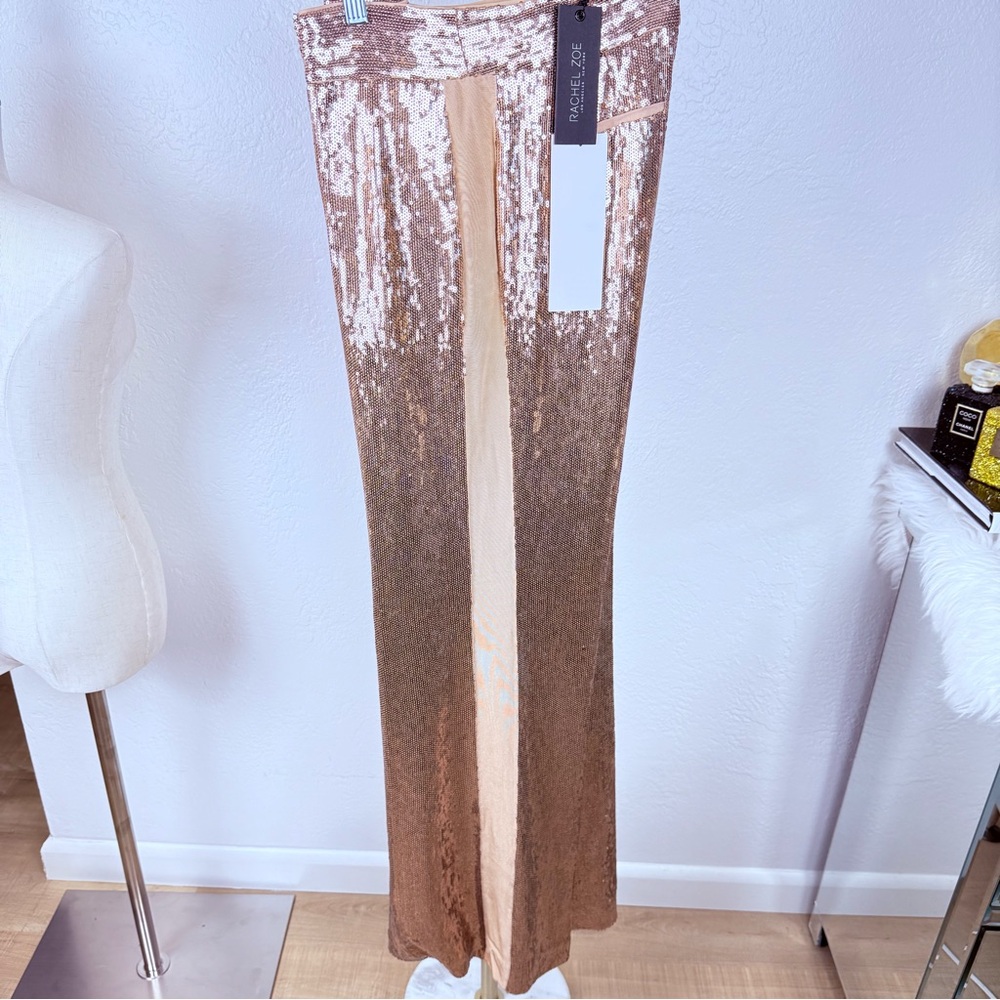 NWT Rachel Zoe Champagne Rose Gold Luxe Glam Sequin Side Stripe Trousers 8 - Picture 3 of 12